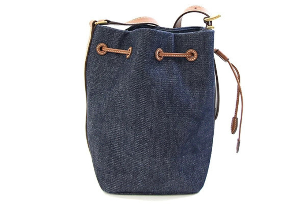 Miu Miu Drawstring Bag Bucket Brown Handbag Leather Shoulder Blue Denim